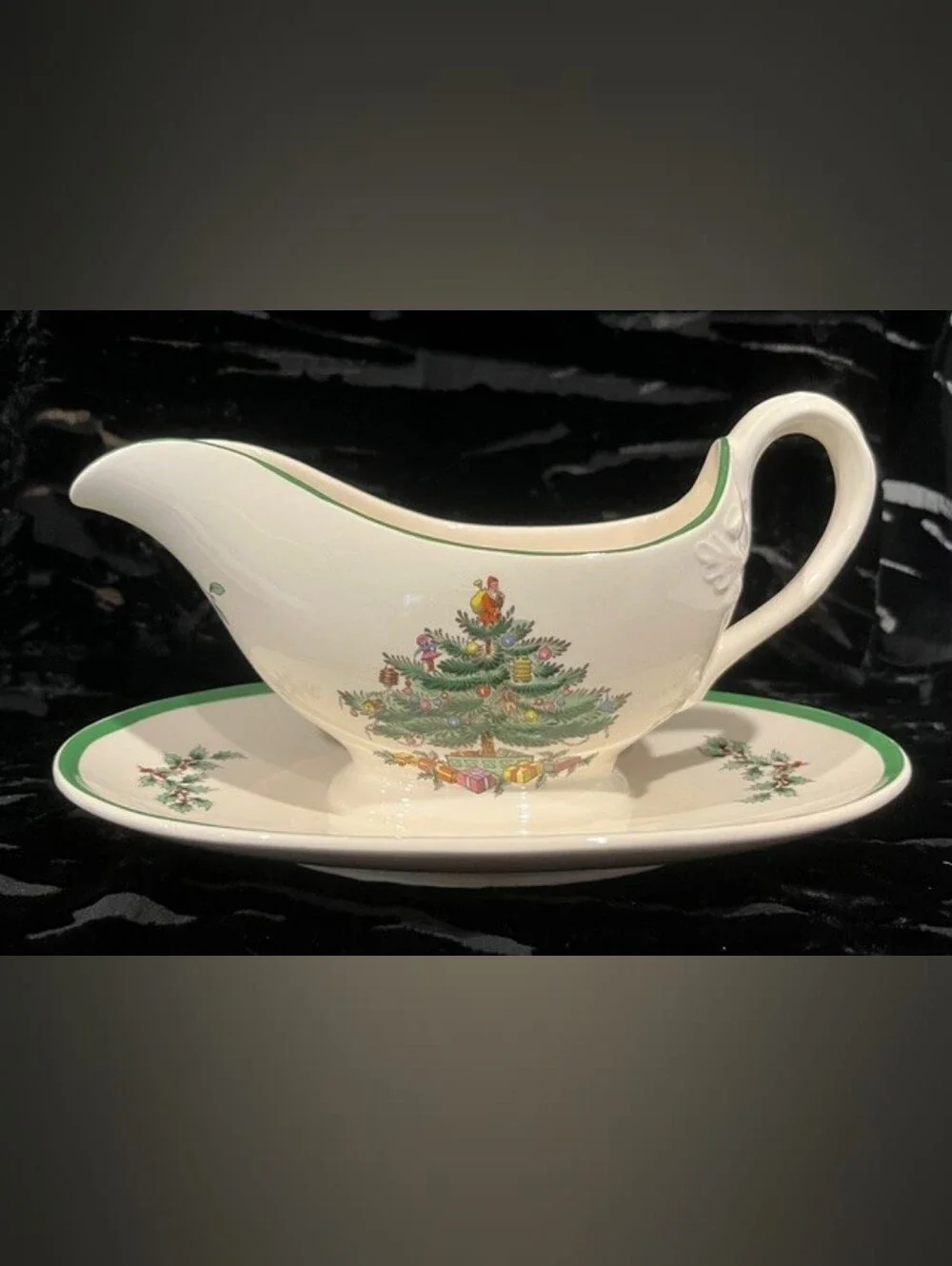 Vintage 1976 Spode Christmas Tree Gravy Boat Attached Stand Made In England EUC